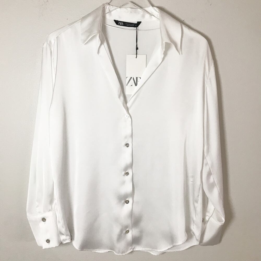 NWT Zara White Satin Button Down Blouse 100% Polyester Women's Size S